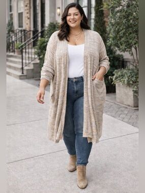 IN EVERY STORY by PENN Marled Ribbed Knit Open Front Duster Cardigan Neutral 5X